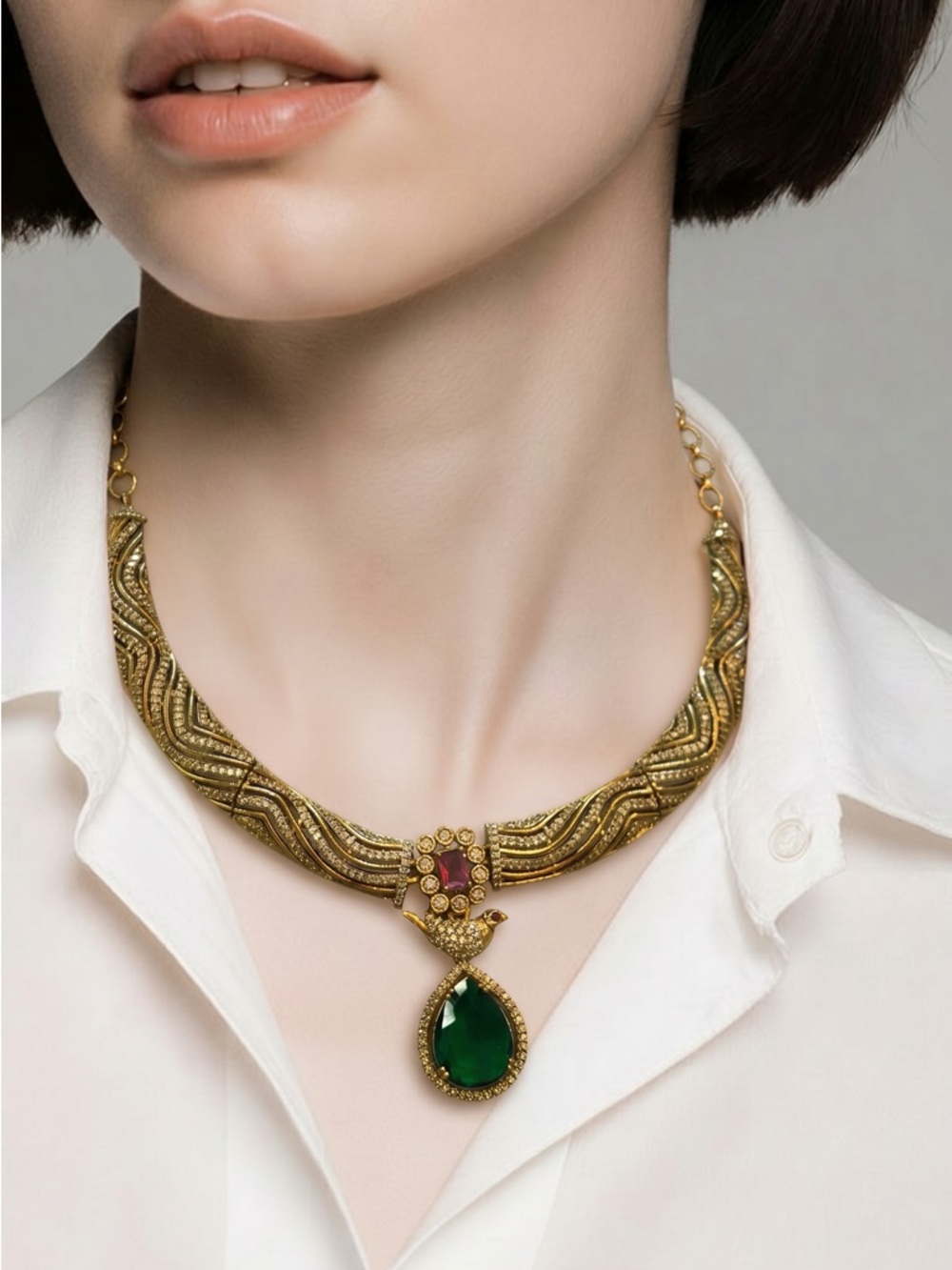 Gold-Tone Necklace with Emerald Green Teardrop Pendant and earrings